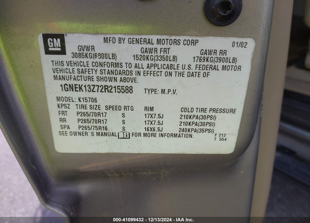 2002 CHEVROLET TAHOE Z71 VIN: 1GNEK13Z72R215588