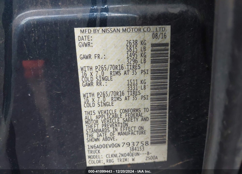 2016 NISSAN FRONTIER SV VIN: 1N6AD0EV0GN793758