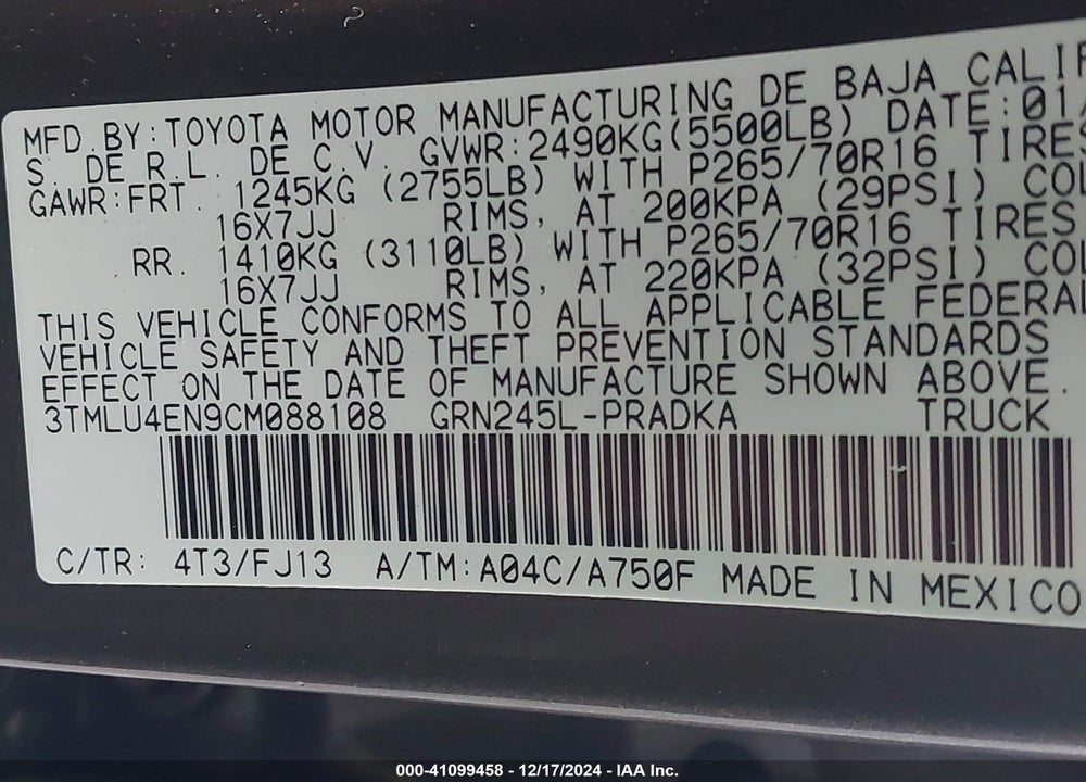2012 TOYOTA TACOMA DOUBLE CAB VIN: 3TMLU4EN9CM088108