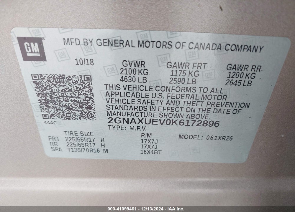2019 CHEVROLET EQUINOX LT VIN: 2GNAXUEV0K6172896