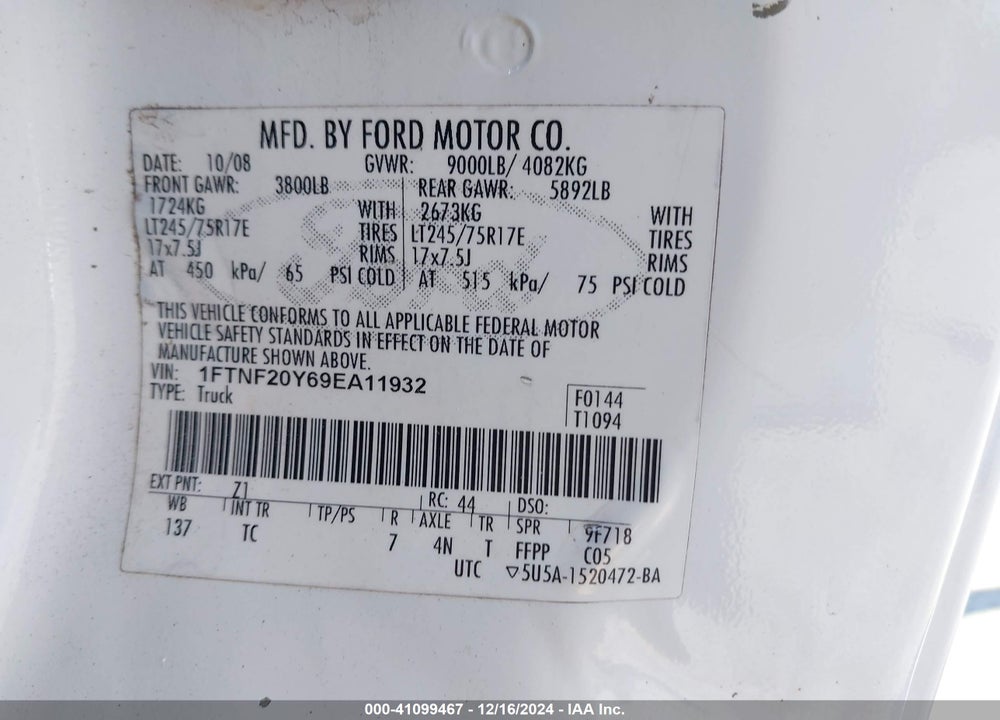 2009 FORD F-250 XL/XLT VIN: 1FTNF20Y69EA11932