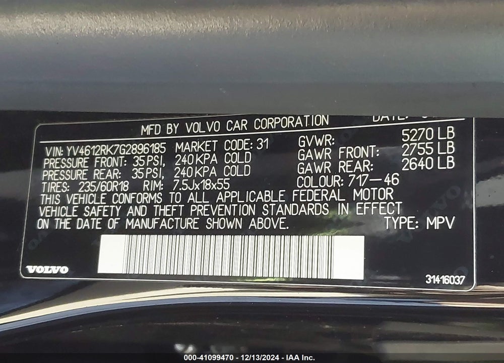 2016 VOLVO XC60 T5 PREMIER VIN: YV4612RK7G2896185