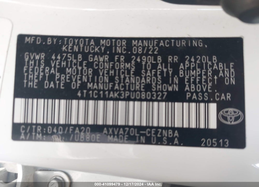 2023 TOYOTA CAMRY VIN: 4T1C11AK3PU080327