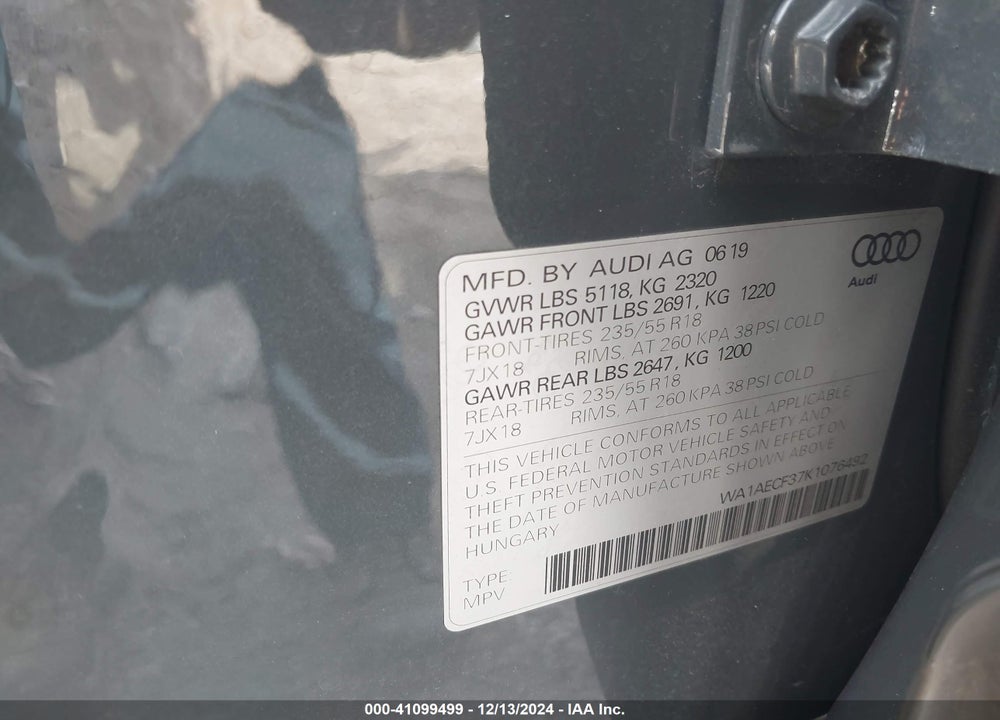 2019 AUDI Q3 VIN: WA1AECF37K1076492