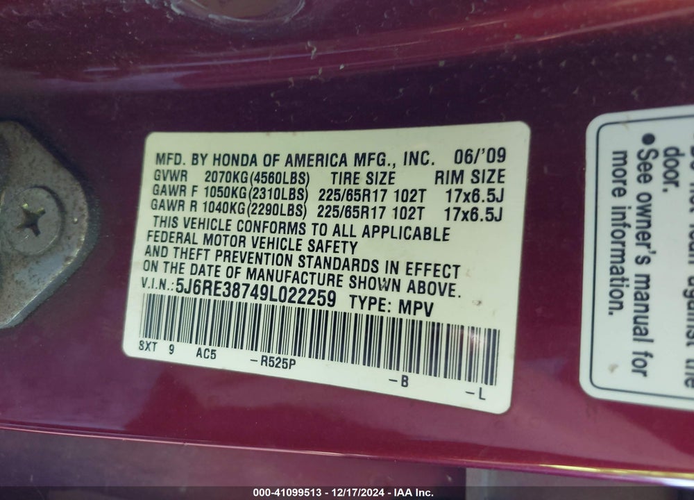 2009 HONDA CR-V EX-L VIN: 5J6RE38749L022259