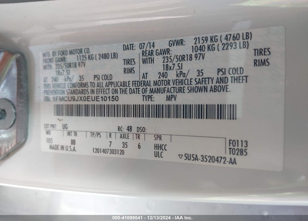 2014 FORD ESCAPE TITANIUM VIN: 1FMCU9JX0EUE10150
