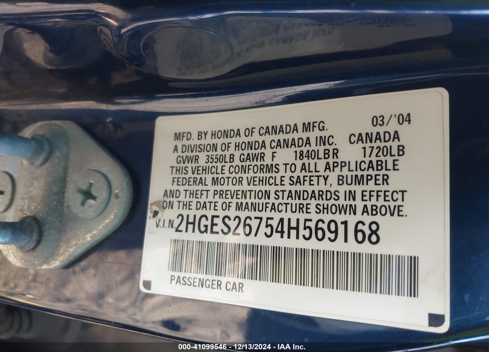 2004 HONDA CIVIC EX VIN: 2HGES26754H569168