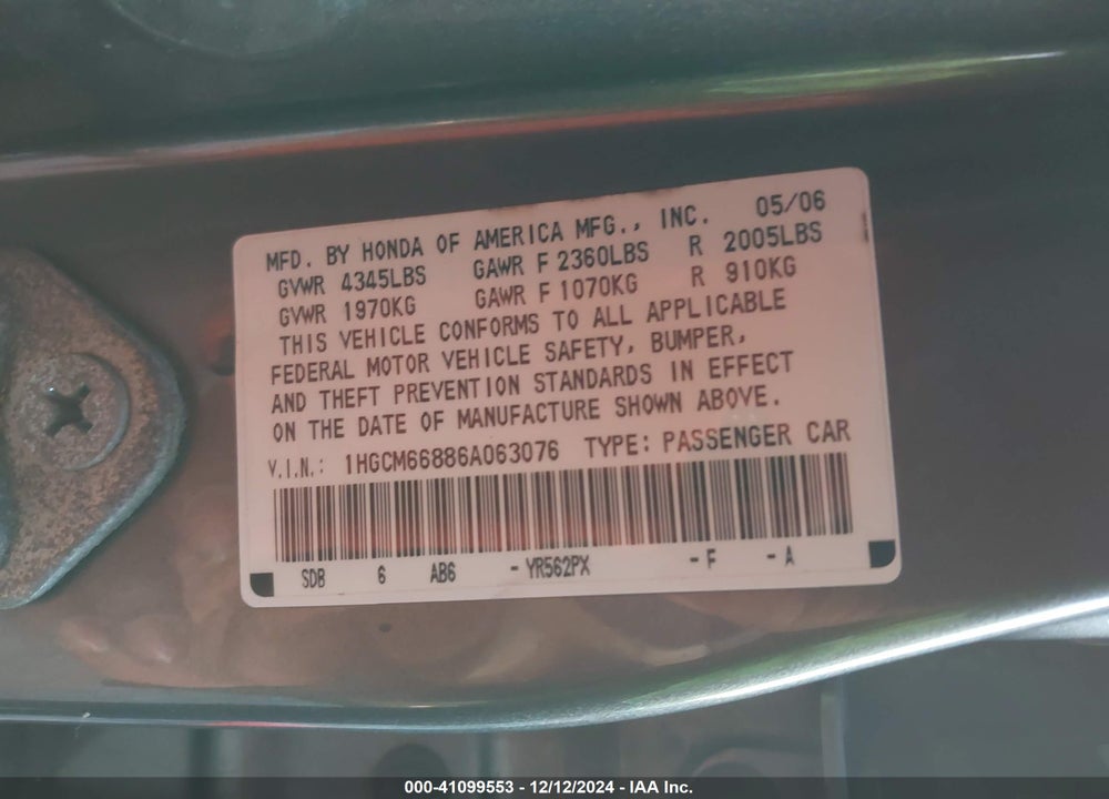 2006 HONDA ACCORD SDN EX-L V6 WITH NAVI VIN: 1HGCM66886A063076