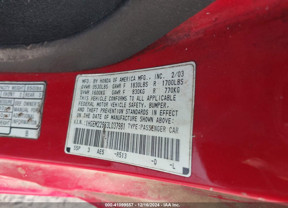 2003 HONDA CIVIC EX VIN: 1HGEM22963L037981