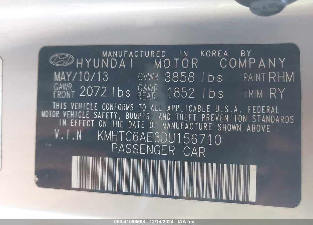 2013 HYUNDAI VELOSTER VIN: KMHTC6AE3DU156710