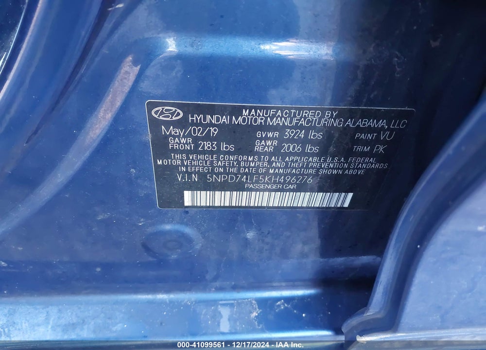 2019 HYUNDAI ELANTRA VIN: 5NPD74LF5KH496276