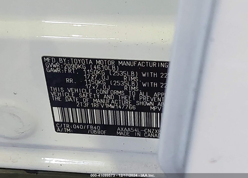 2021 TOYOTA RAV4 LE VIN: 2T3F1RFV1MW147766