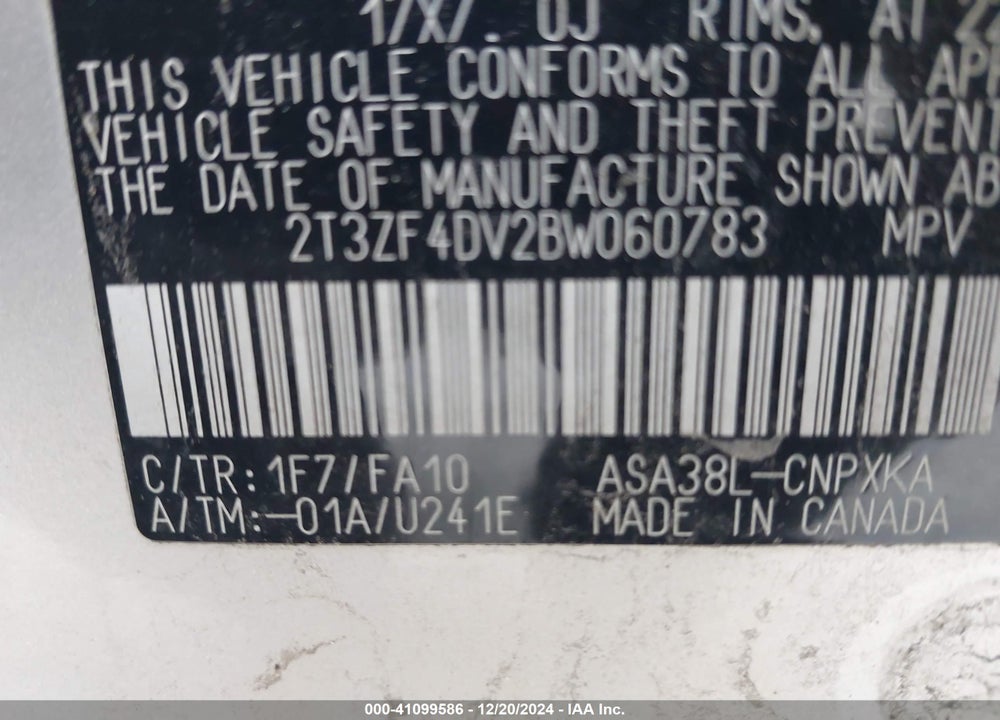 2011 TOYOTA RAV4 VIN: 2T3ZF4DV2BW060783
