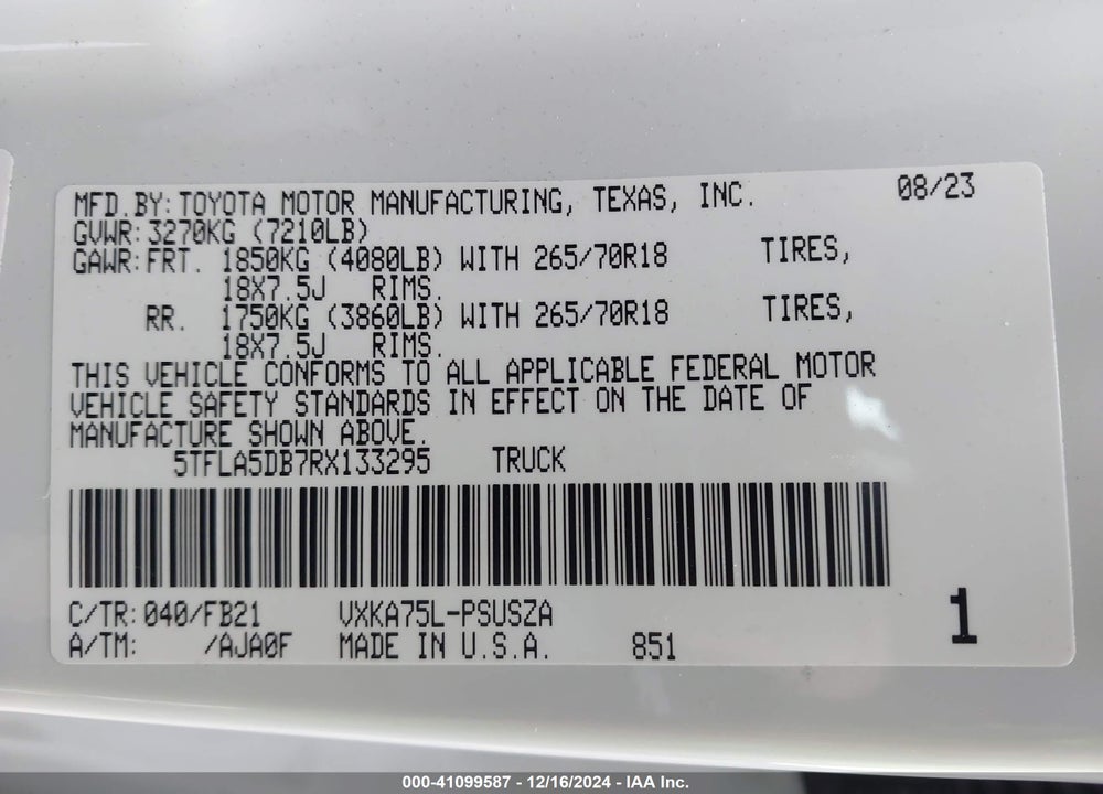 2024 TOYOTA TUNDRA SR5 VIN: 5TFLA5DB7RX133295