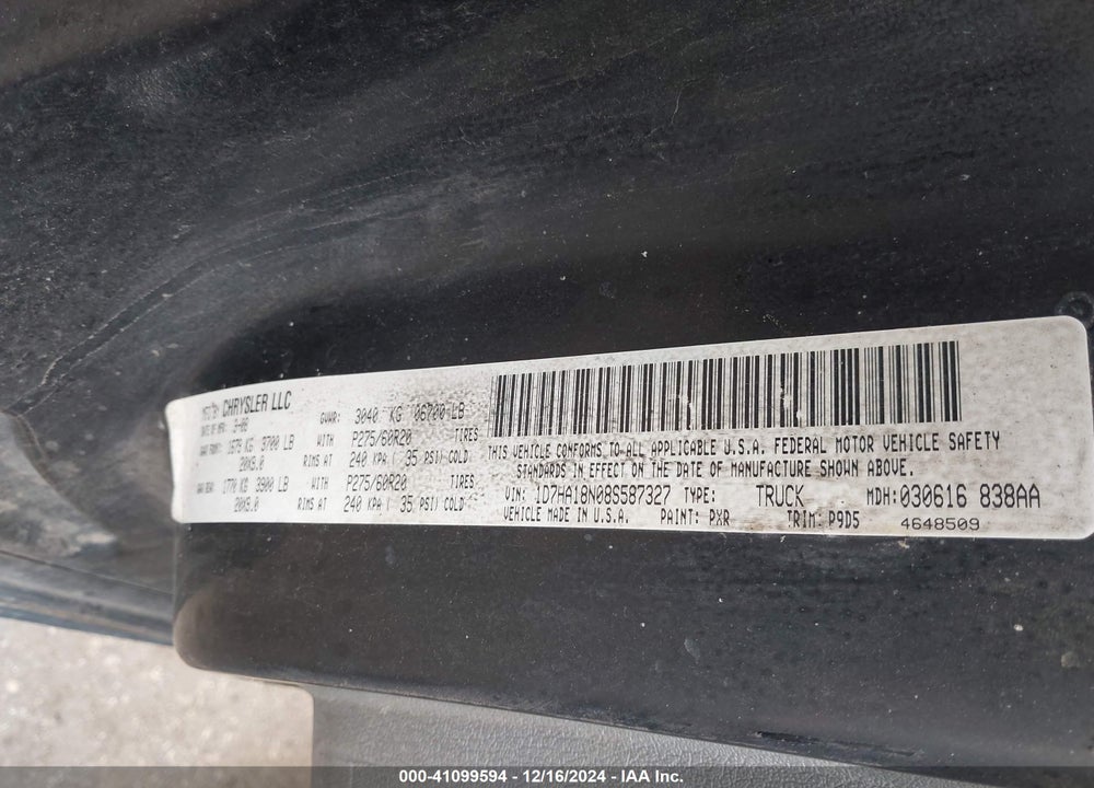 2008 DODGE RAM 1500 VIN: 1D7HA18N08S587327