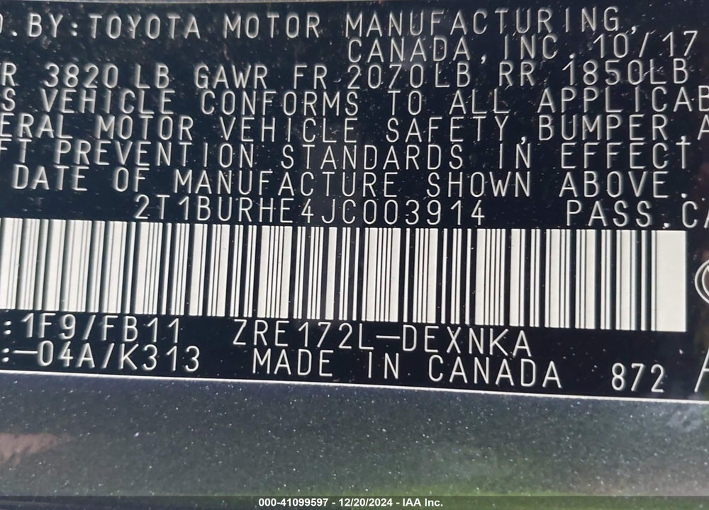 2018 TOYOTA COROLLA VIN: 2T1BURHE4JC003914