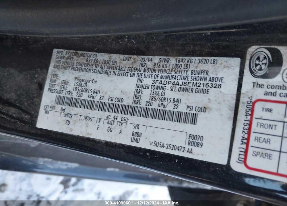 2014 FORD FIESTA S VIN: 3FADP4AJ8EM216328