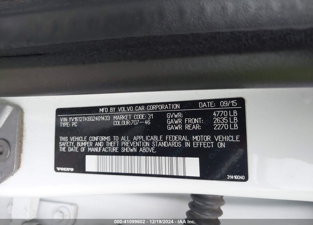 2016 VOLVO S60 T5 PREMIER VIN: YV1612TK6G2401433
