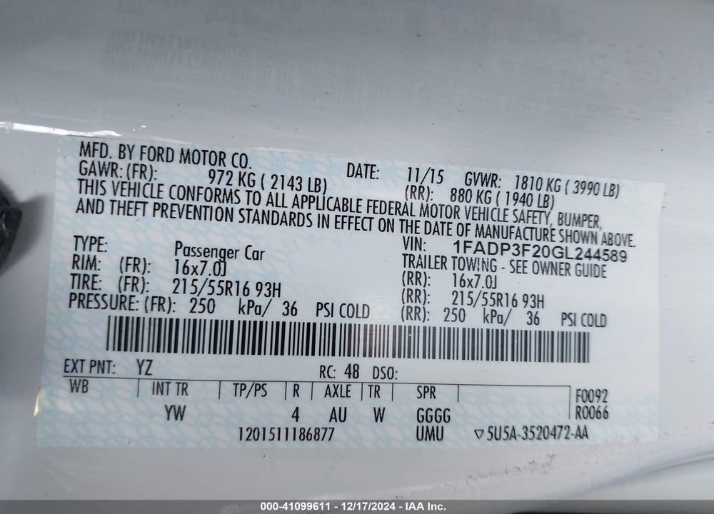 2016 FORD FOCUS SE VIN: 1FADP3F20GL244589