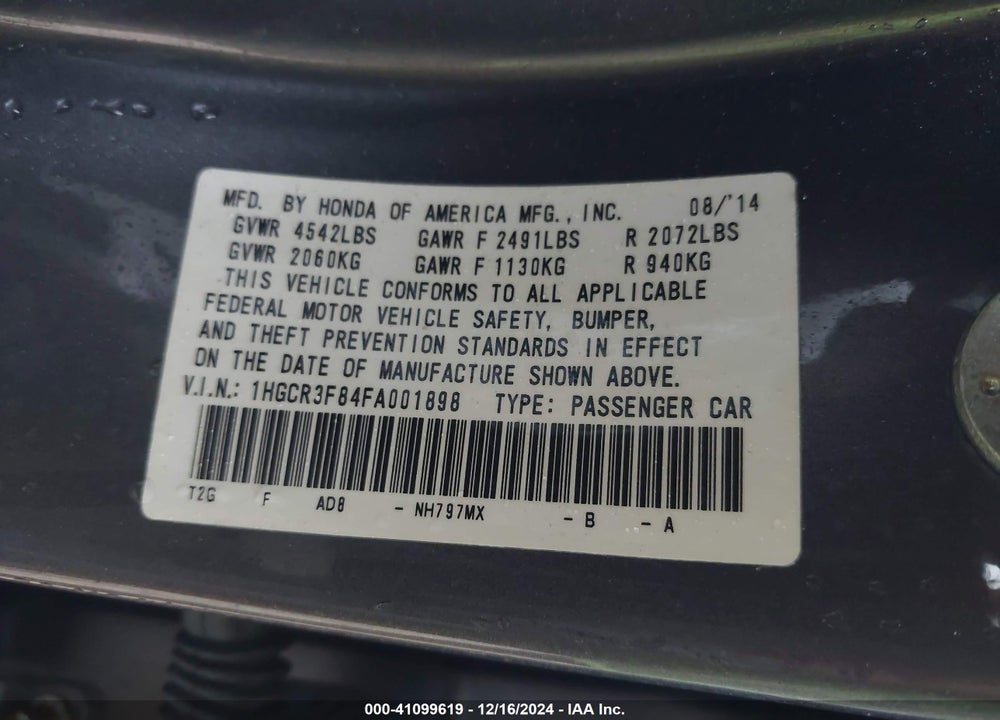 2015 HONDA ACCORD VIN: 1HGCR3F84FA001898