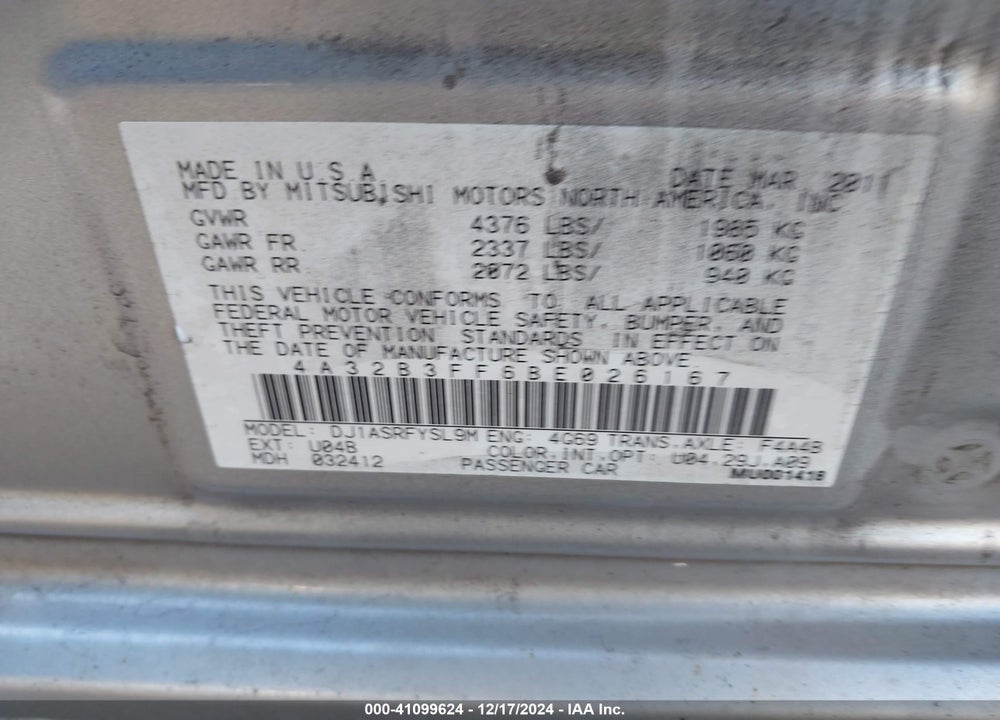 2011 MITSUBISHI GALANT ES/SE VIN: 4A32B3FF6BE026167