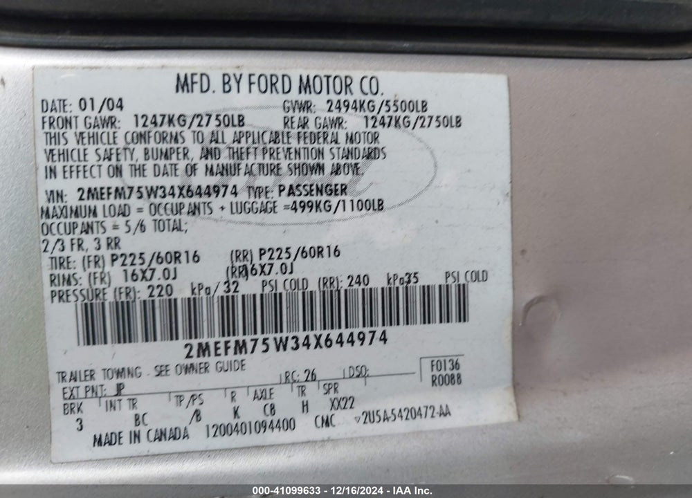 2004 MERCURY GRAND MARQUIS LS VIN: 2MEFM75W34X644974