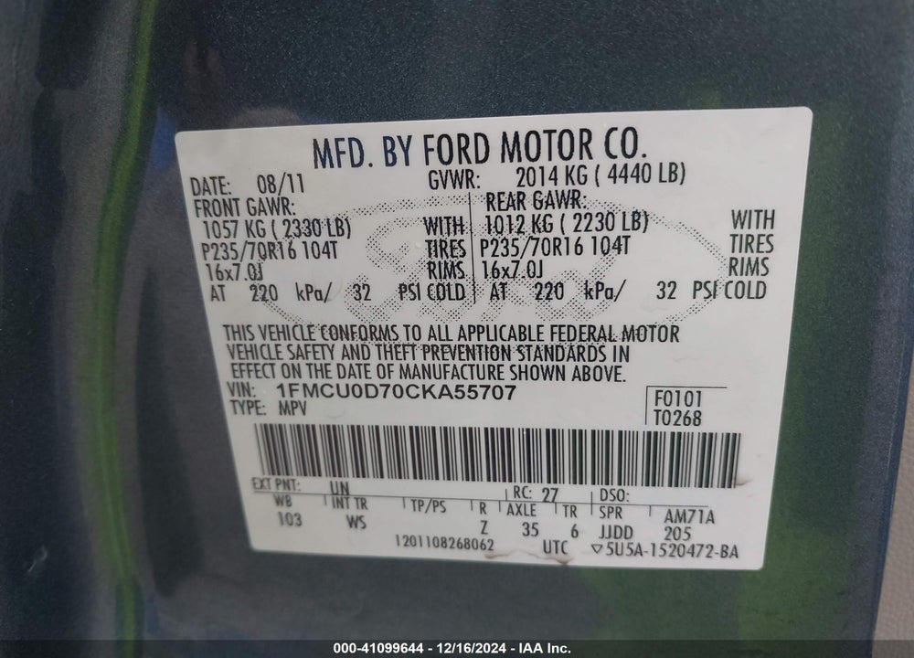 2012 FORD ESCAPE VIN: 1FMCU0D70CKA55707