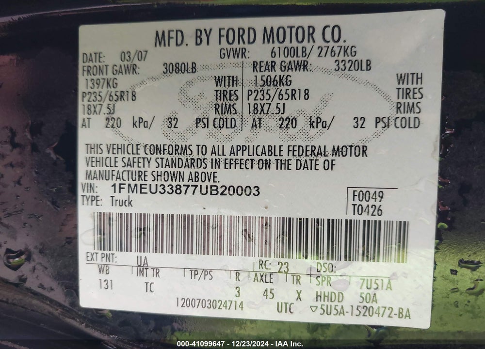 2007 FORD EXPLORER SPORT TRAC LIMITED VIN: 1FMEU33877UB20003