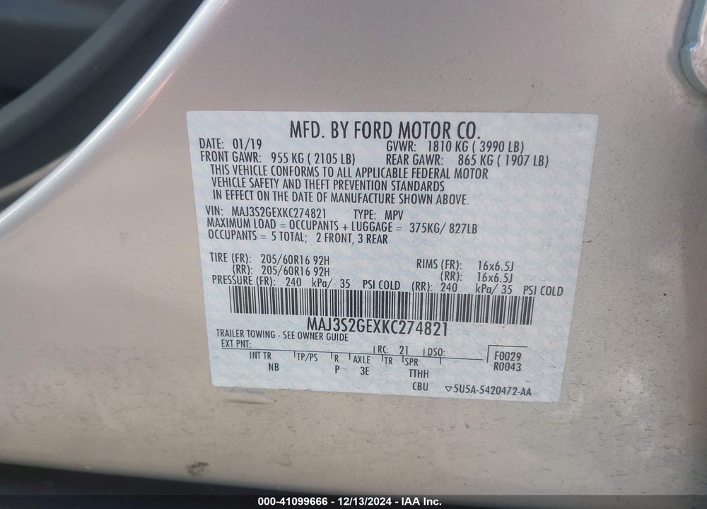 2019 FORD ECOSPORT SE VIN: MAJ3S2GEXKC274821