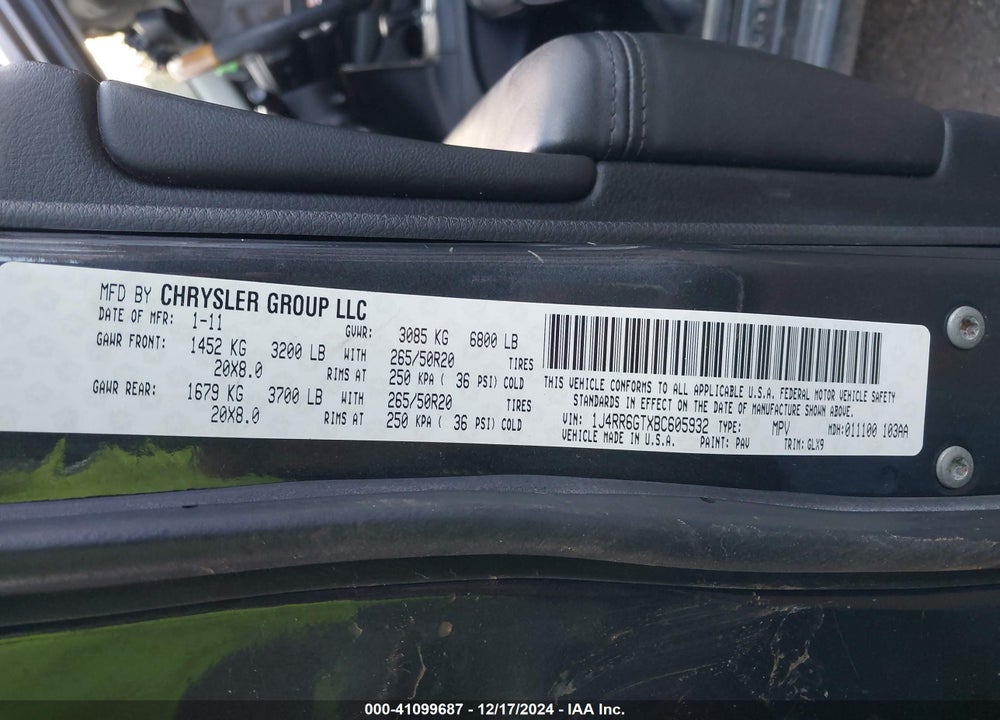 2011 JEEP GRAND CHEROKEE VIN: 1J4RR6GTXBC605932