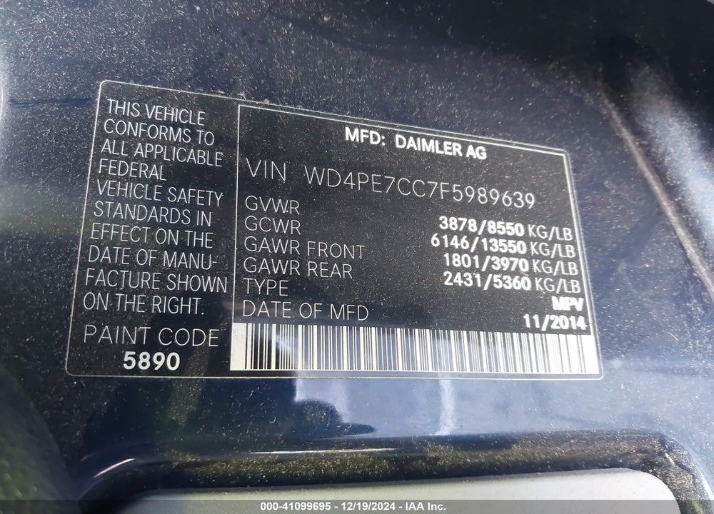 2015 MERCEDES-BENZ SPRINTER 2500 NORMAL ROOF VIN: WD4PE7CC7F5989639