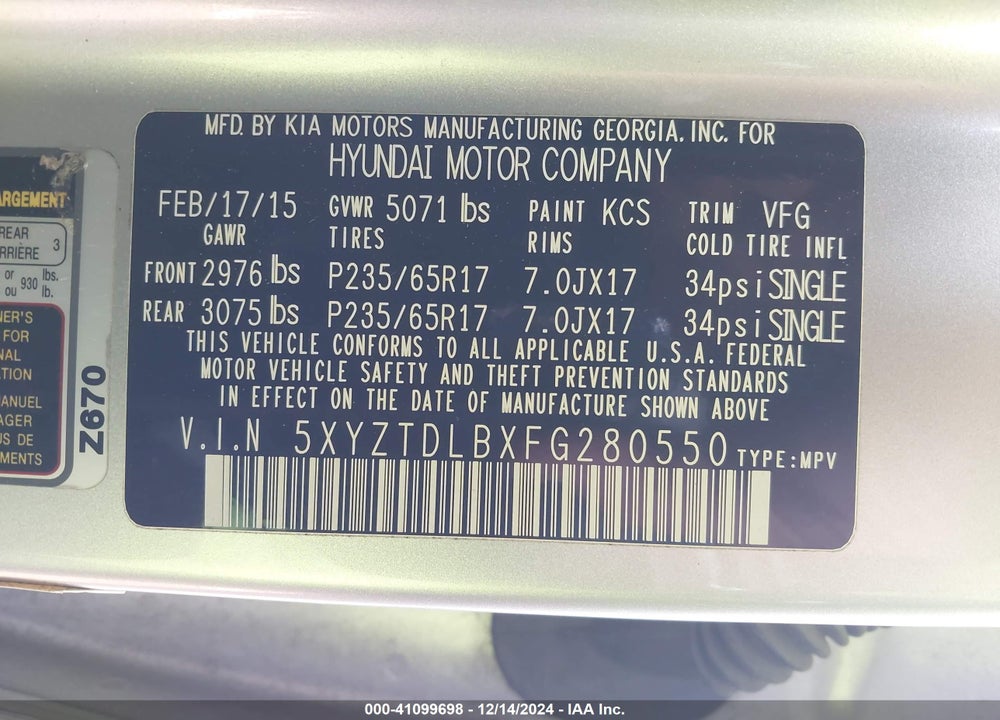 2015 HYUNDAI SANTA FE SPORT 2.4L VIN: 5XYZTDLBXFG280550