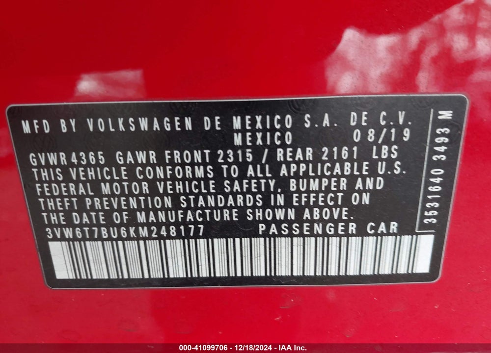 2019 VOLKSWAGEN JETTA VIN: 3VW6T7BU6KM248177