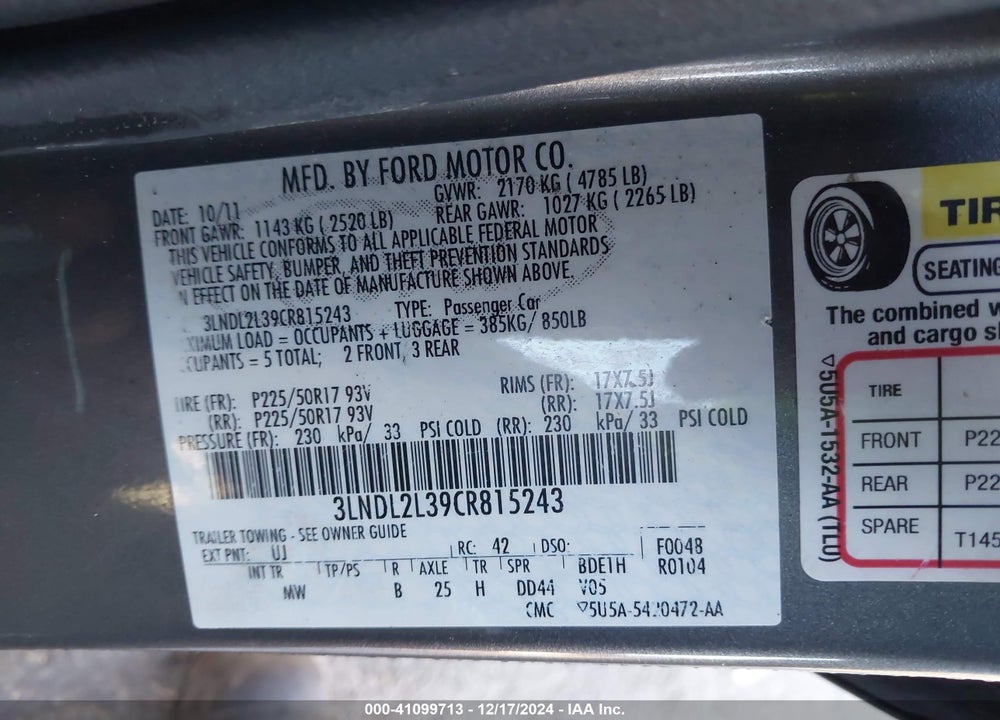 2012 LINCOLN MKZ HYBRID VIN: 3LNDL2L39CR815243