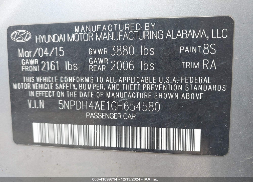 2016 HYUNDAI ELANTRA SE VIN: 5NPDH4AE1GH654580