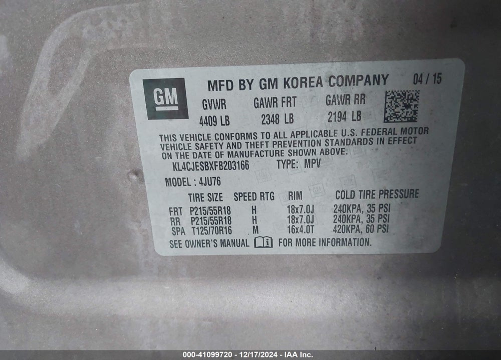 2015 BUICK ENCORE VIN: KL4CJESBXFB203166