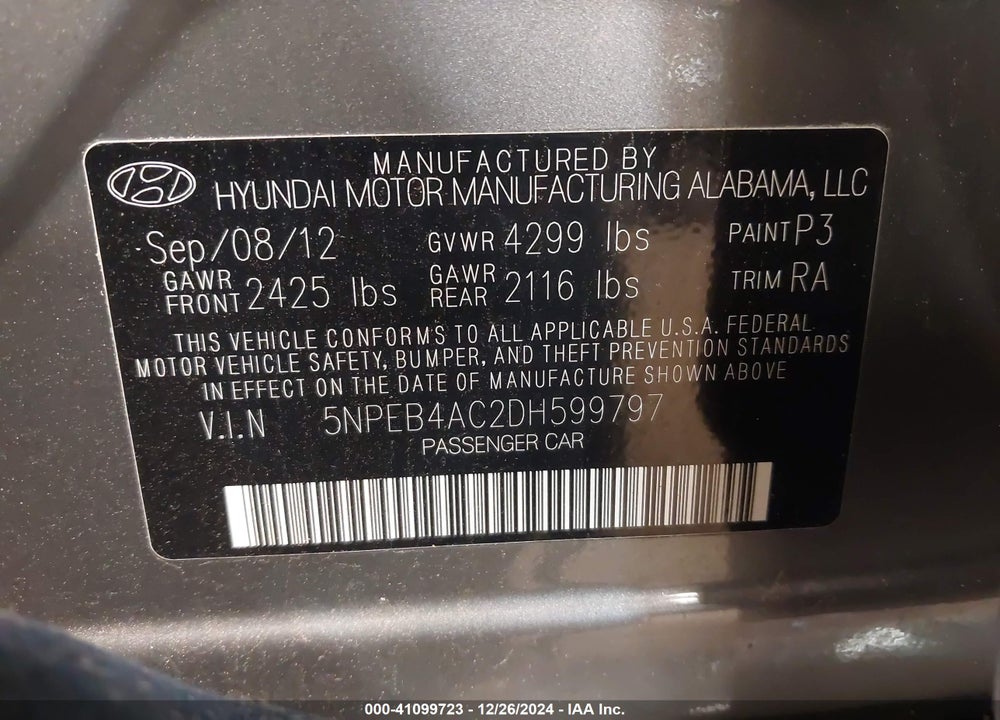 2013 HYUNDAI SONATA VIN: 5NPEB4AC2DH599797