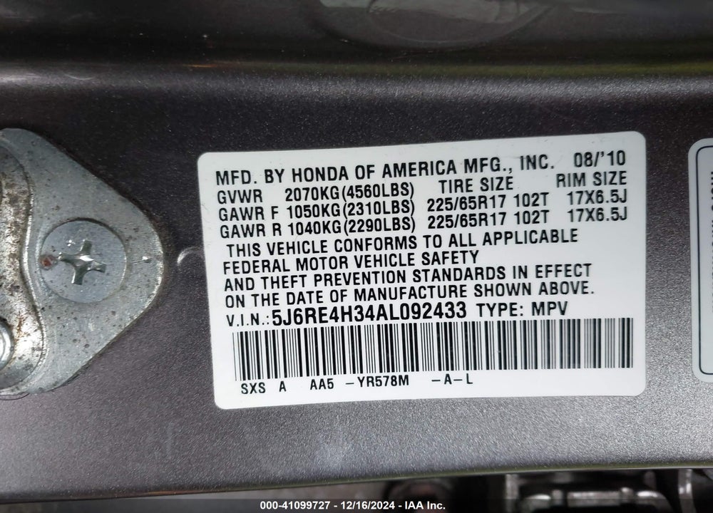 2010 HONDA CR-V LX VIN: 5J6RE4H34AL092433