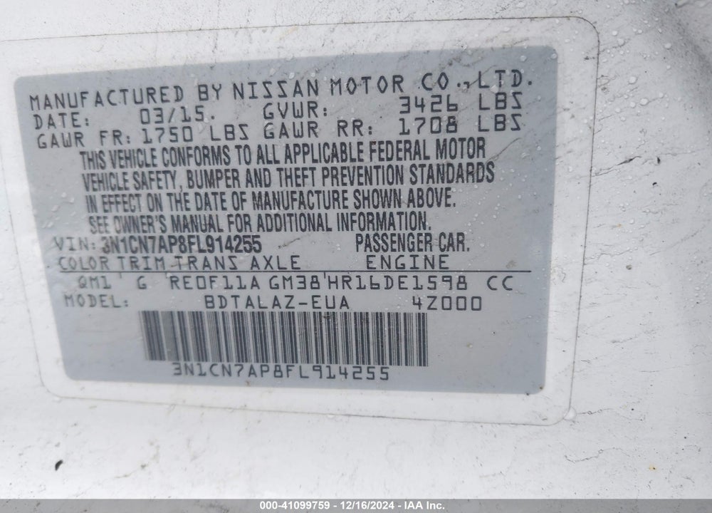 2015 NISSAN VERSA VIN: 3N1CN7AP8FL914255