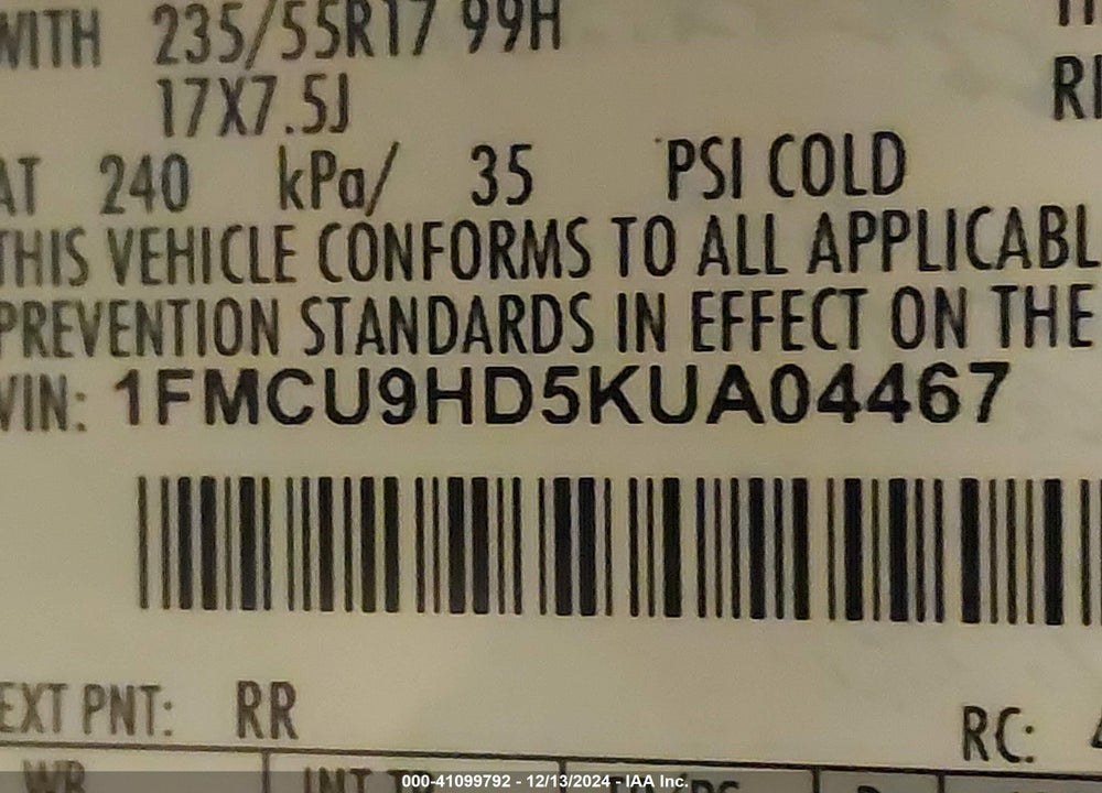 2019 FORD ESCAPE SEL VIN: 1FMCU9HD5KUA04467
