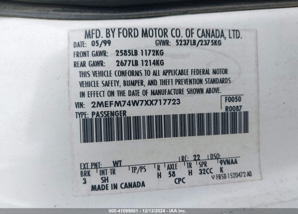 1999 MERCURY GRAND MARQUIS GS VIN: 2MEFM74W7XX717723