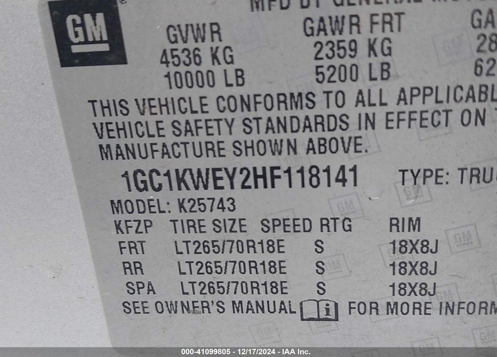 2017 CHEVROLET SILVERADO 2500HD LTZ VIN: 1GC1KWEY2HF118141