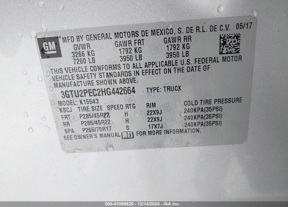 2017 GMC SIERRA 1500 VIN: 3GTU2PEC2HG442664