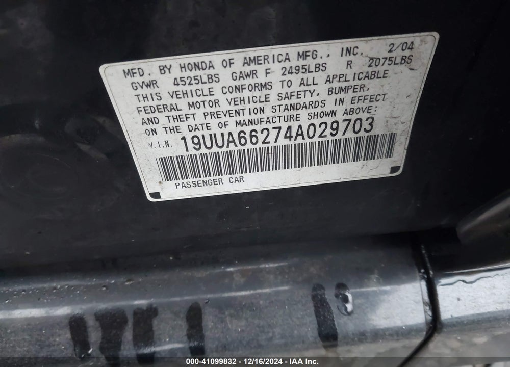 2004 ACURA TL VIN: 19UUA66274A029703