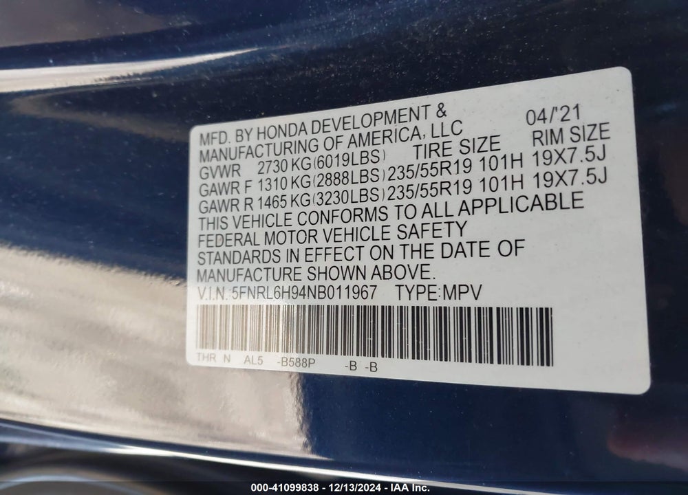 2022 HONDA ODYSSEY ELITE VIN: 5FNRL6H94NB011967
