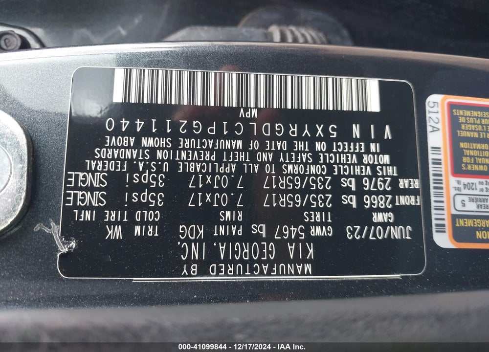 2023 KIA SORENTO LX VIN: 5XYRGDLC1PG211440
