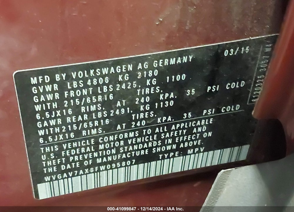 2015 VOLKSWAGEN TIGUAN S VIN: WVGAV7AX8FW095807