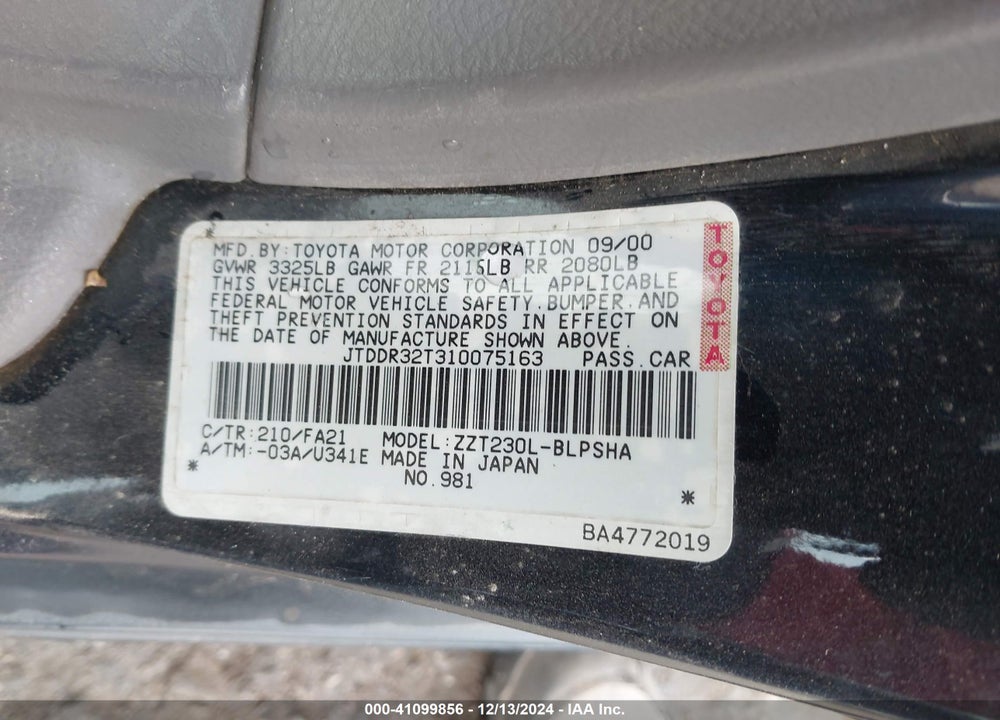 2001 TOYOTA CELICA GT VIN: JTDDR32T310075163