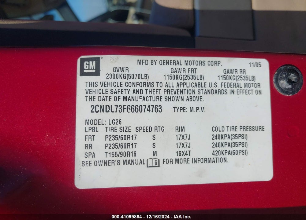 2006 CHEVROLET EQUINOX LT VIN: 2CNDL73F666074763
