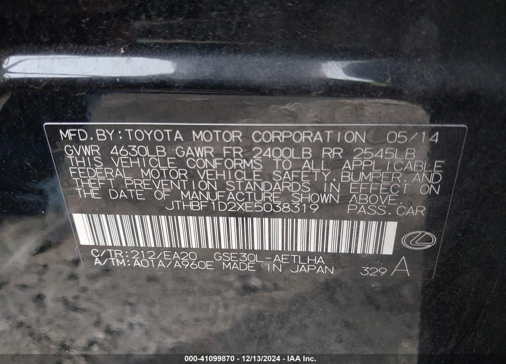 2014 LEXUS IS 250 VIN: JTHBF1D2XE5038319